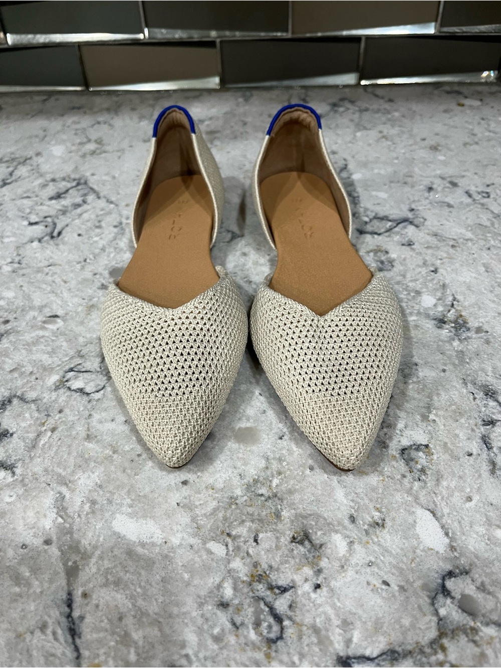Rothy's Beige Pointed D'Orsay Flats with Blue Heel Trim - Picture 2 of 8